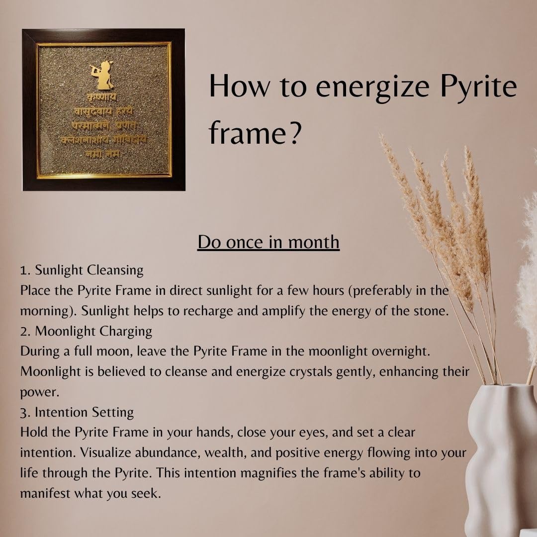 Pyrite Krishna Mantra Dust Plate Frame for Wealth, Success and Abundance